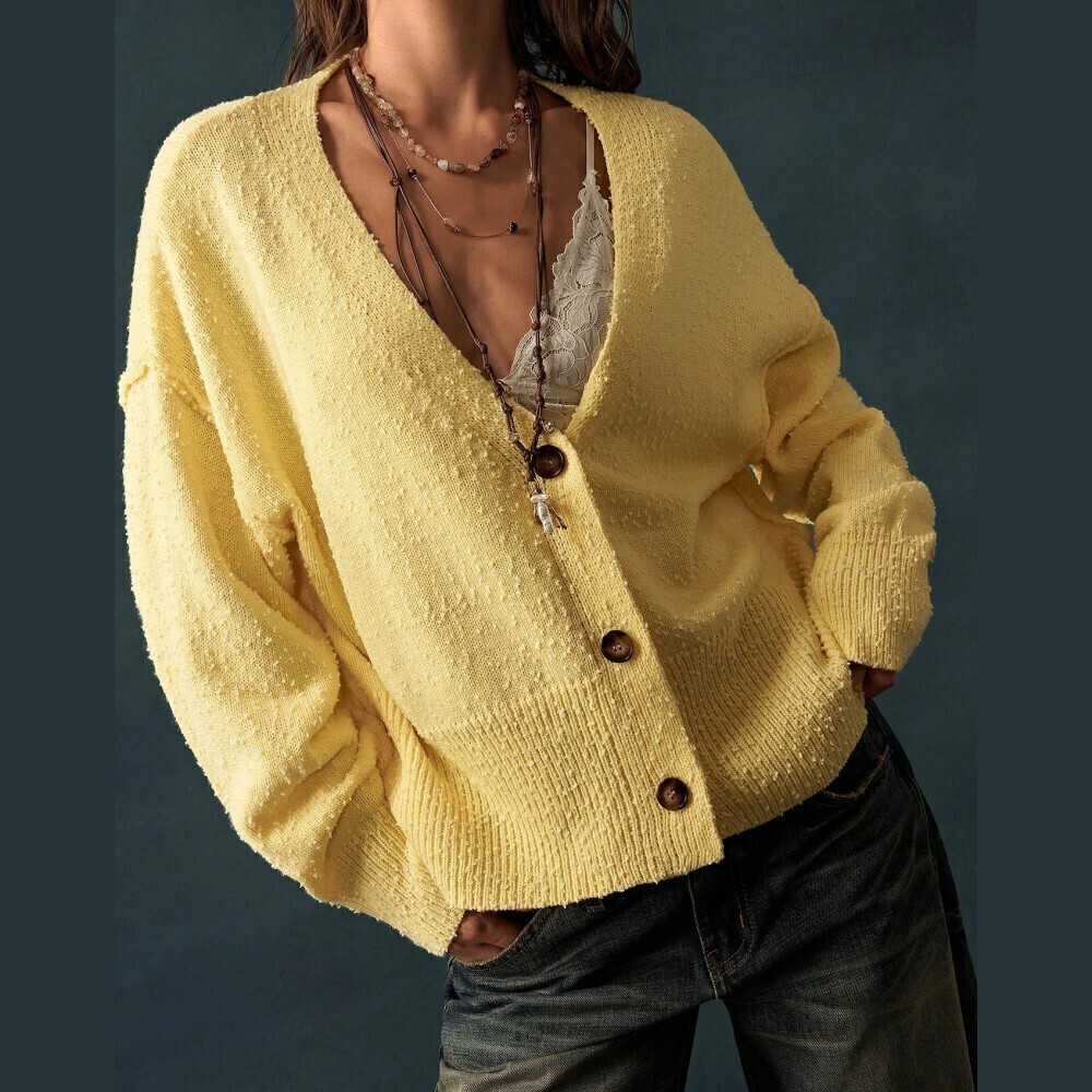 Yellow Textured Boucle Knit Button Front Oversized Cardigan